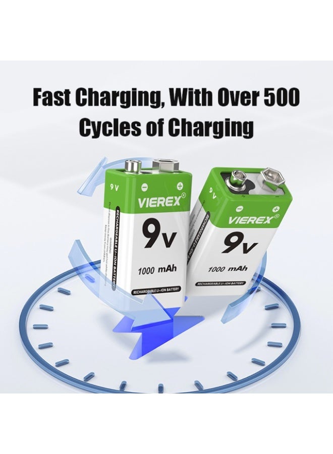 Vierex بطاريات ليثيوم أيون قابلة لإعادة الشحن 9V (عبوة 2) - سعة عالية 1000mAh مع كابل شحن Micro-USB - Image 1