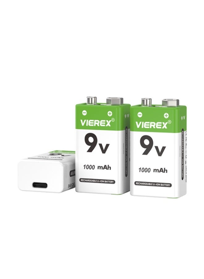 Vierex بطاريات ليثيوم أيون قابلة لإعادة الشحن 9V (عبوة 2) - سعة عالية 1000mAh مع كابل شحن Micro-USB - Image 2