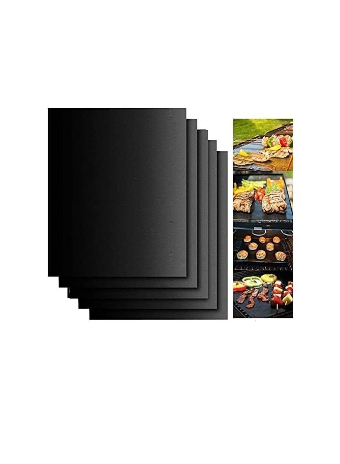 Meetion 5 قطع حصيرة شواء غير لاصقة قابلة لإعادة الاستخدام، ورقة خبز شبكية محمولة، أدوات شواء للطهي في النزهات الخارجية 40x33 سم (أسود) - Image 2