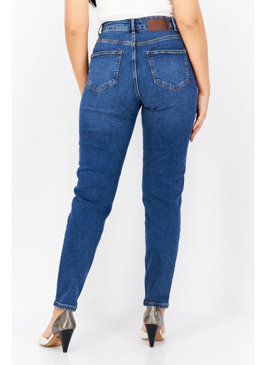 PIECES Women Mom Fit Washed Stretchable Jeans, Blue  - Image 2