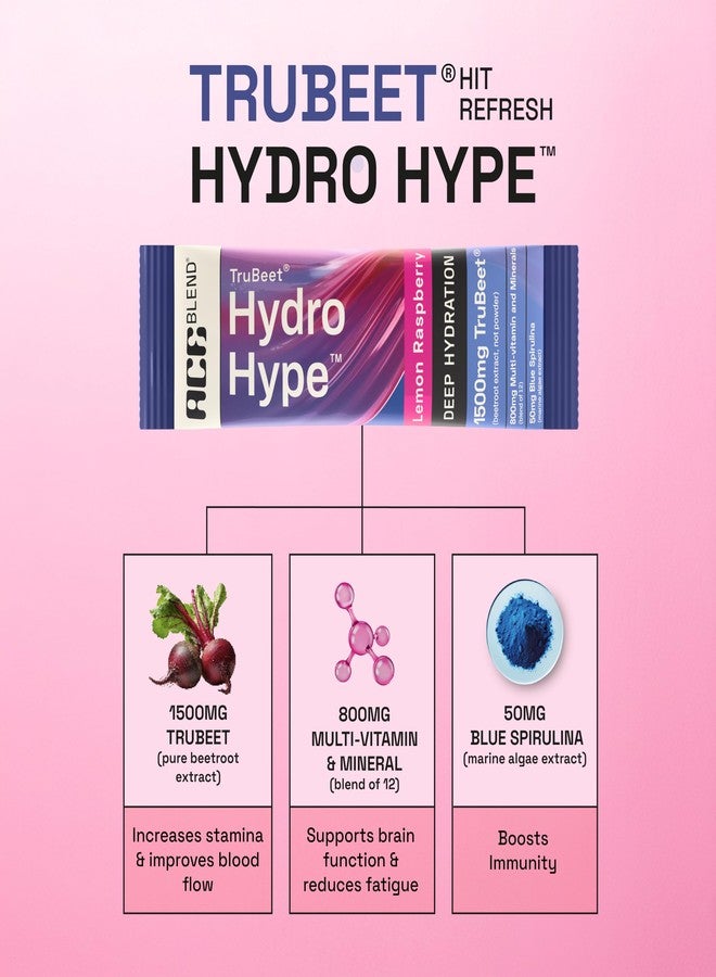 Ace Blend Hydro Hype (5 Sachets) | Energy & Blood Flow | Instant Hydration | Full-Spectrum Electrolytes | 100% Natural Beetroot Extract Multi Vitamins & Minerals | Lemon Raspberry - Image 2