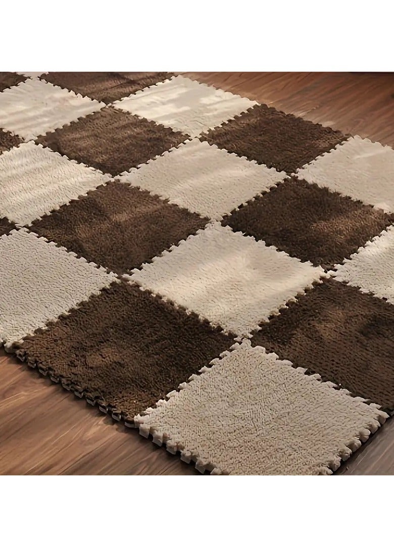 Little tots 10pcs Plush Interlocking Play Mat Set, Thick EVA Foam Crawling Pads for Bedroom & Entryway, Hand Washable, 29.97x29.97 cm 5 Pieces Of Camel + 5 Pieces Of Coffee Color  - Image 1