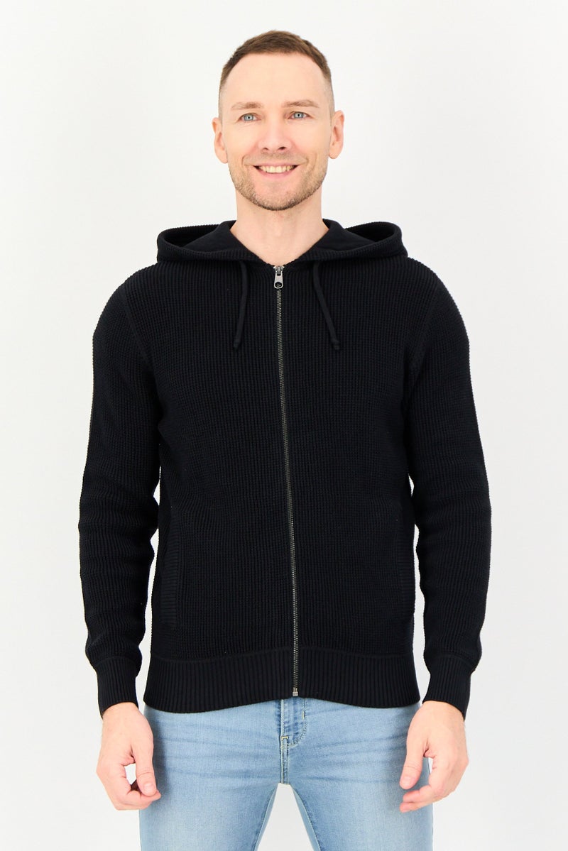 Celio Men Crochet Long Sleeve Hoodie, Black - Image 1