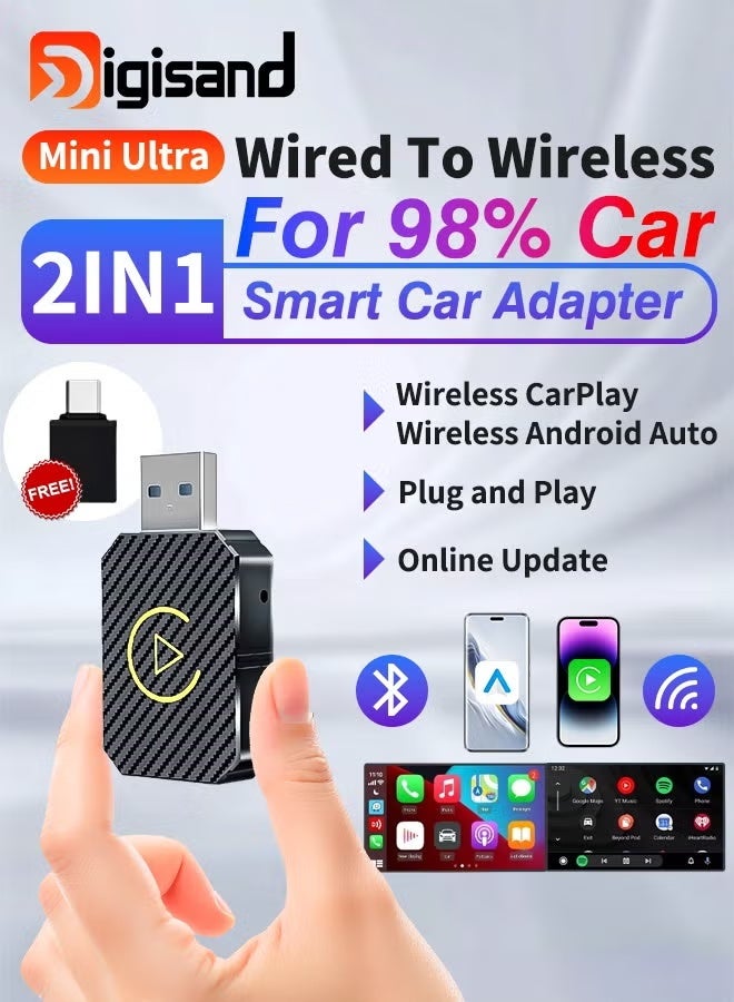 Digisand Wireless CarPlay Adapter for iPhone & Android Auto Carplay ,2-in-1 Convert Wired to Wireless Apple CarPlay Adapter, Low Latency CarPlay Adapter,for apple car play wireless adapter, USB-A & USB-C Compatible,Plug & Play - Image 1