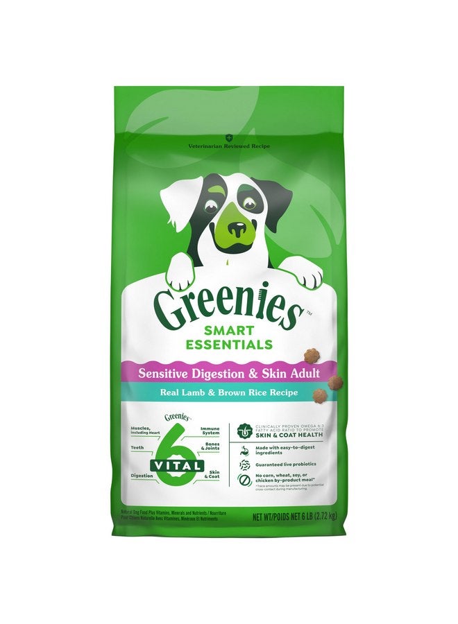 جرينيز طعام جاف للكلاب البالغة من Greenies Smart Essentials Sensitive Digestion & Skin بنكهة لحم الضأن الحقيقي والأرز البني، عبوة 6 أرطال - Image 1
