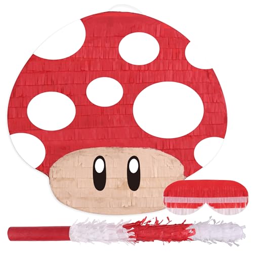 Birchio Mushroom Pinatas Bundle with a Blindfold and a Bat165 x 12 x 35 Inches Perfect for kids Birthday Parties Mexican Theme Parties Decorations - Image 1