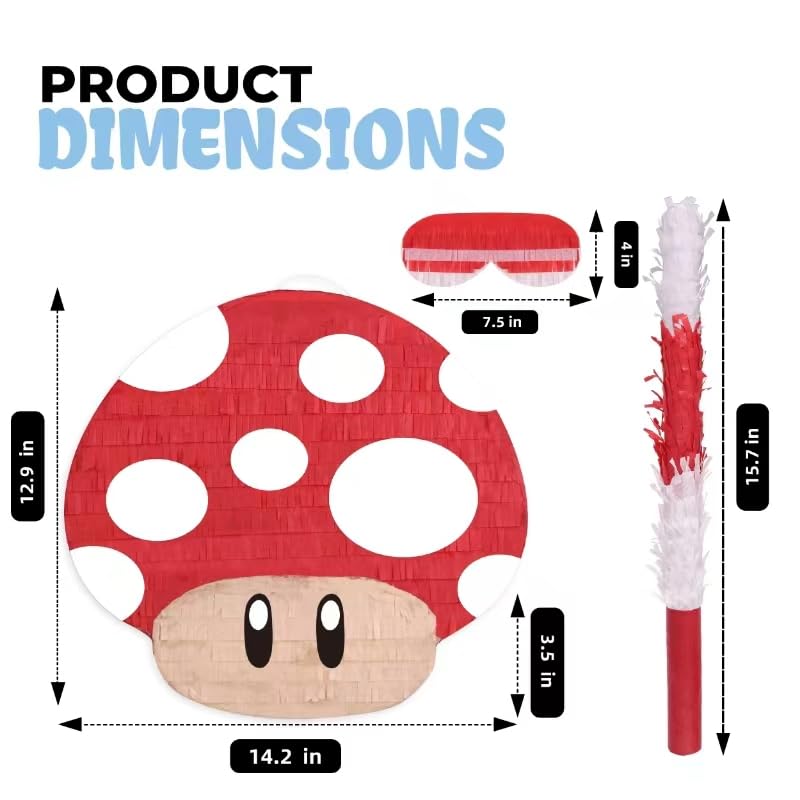 Birchio Mushroom Pinatas Bundle with a Blindfold and a Bat165 x 12 x 35 Inches Perfect for kids Birthday Parties Mexican Theme Parties Decorations - Image 5