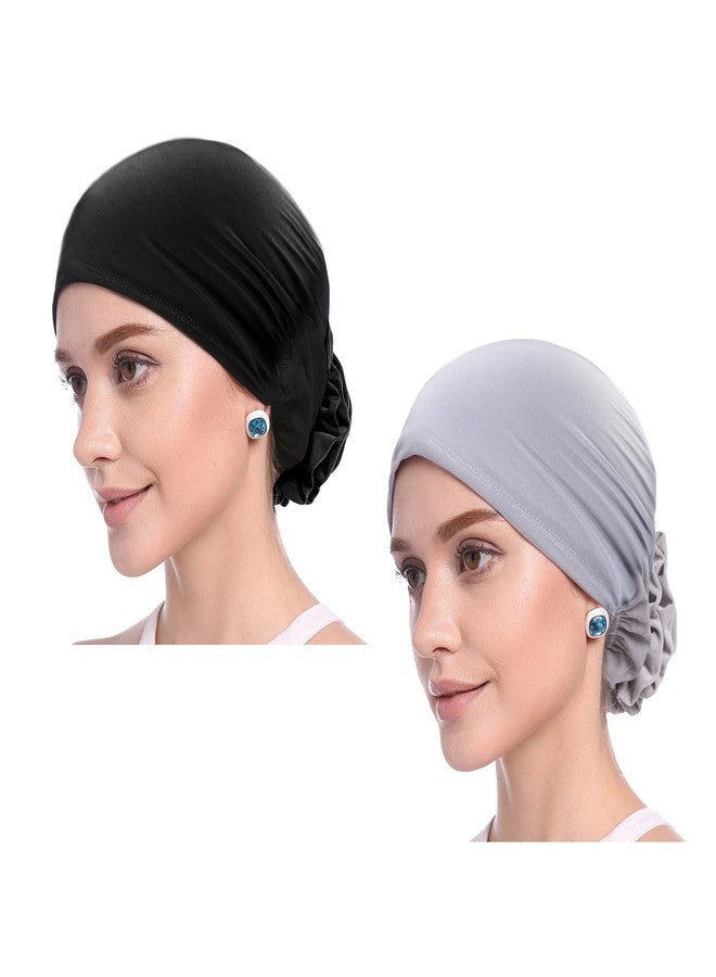 ZARSIO 2 PCS Women Flower Elastic Turban Beanie Head Scarf wrap Chemo Cap hat for Cancer Patients(Black+Gray) - Image 1