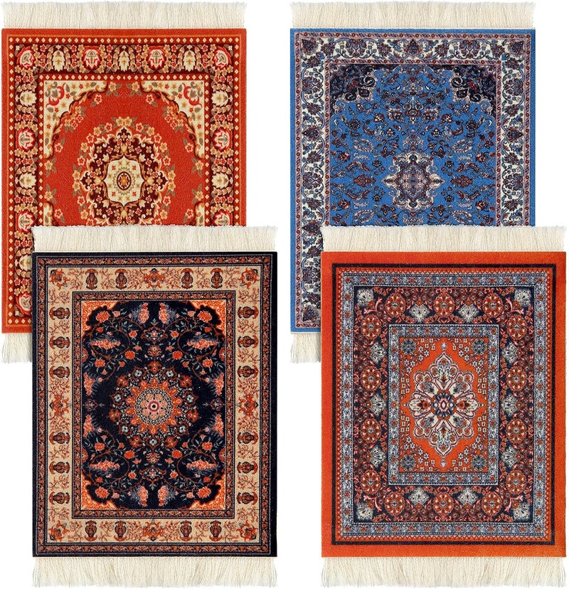 Tatuo 4 Pieces Rug Table Coasters Table Drink Holders Oriental Design Fabric Carpet Drink Mats Oriental Design Fabric Elegant Carpets Kitchen and Bar Mats for Home Office and More (Retro Pattern,Square) - Image 1