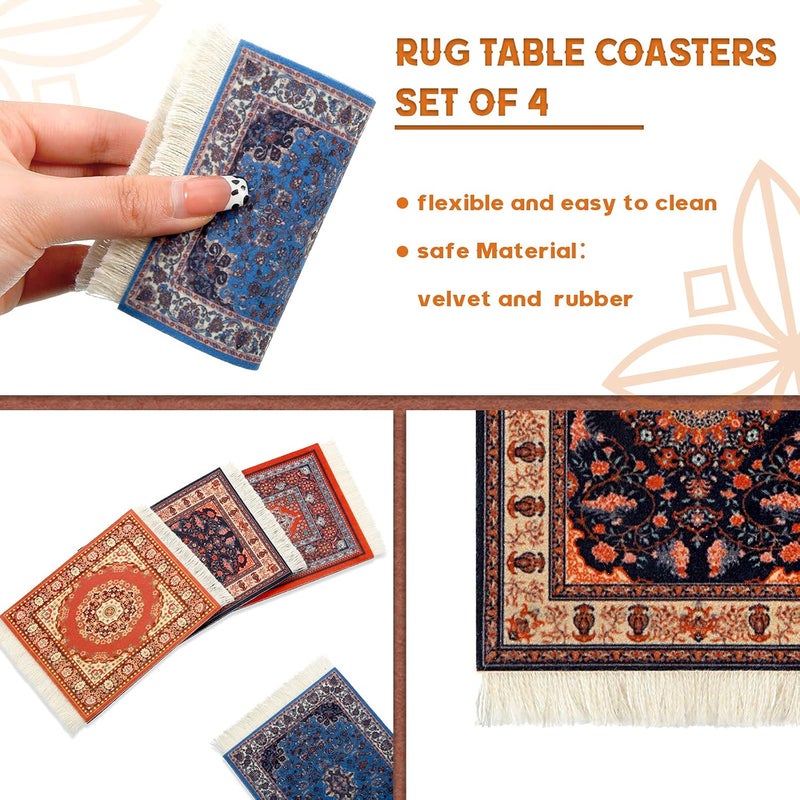 Tatuo 4 Pieces Rug Table Coasters Table Drink Holders Oriental Design Fabric Carpet Drink Mats Oriental Design Fabric Elegant Carpets Kitchen and Bar Mats for Home Office and More (Retro Pattern,Square) - Image 3
