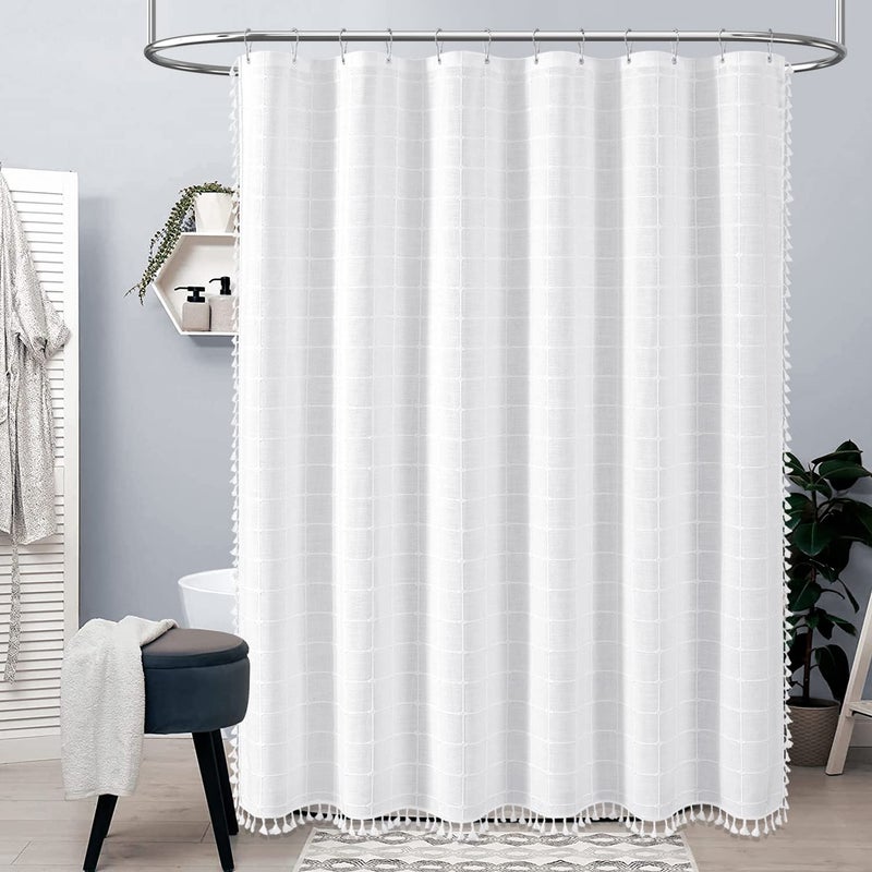BTTN Stall Shower Curtain  60x72 Inches Boho Farmhouse Linen Weighted Fabric Tassel Shower Curtain Set with 10 Plastic Hooks  Narrow French Country Neutral Textured Shower Curtains for Bathroom  White - Image 1