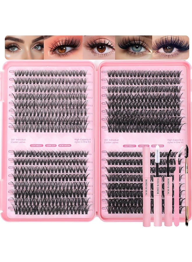 مجموعة رموش صناعية، 640 قطعة من رموش صناعية، رموش فردية، تجعيدات على شكل حرف D، رموش صناعية رقيقة، شريط رفيع، مع ملقط وفرشاة لتثبيت الرموش (مجموعة 30D+40D+50D+60D، 9-16 مم) - Image 1