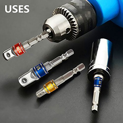 CIGOTU Impact Grade Socket Adapter/Extension Set Turns Power Drill Into High Speed Nut Driver,1/4-Inch Hex Shank to Drive for Adapters to Use with Drill Chucks, Sizes 1/4" 3/8" 1/2", Cr-V, 3-Piece - Image 2