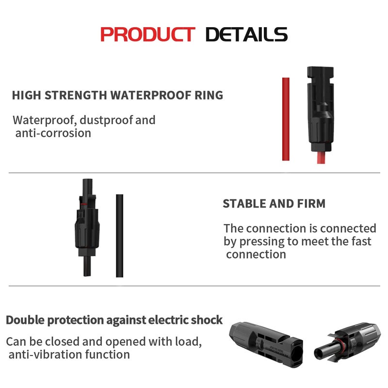 ELFCULB Solar Panel Extension Cable-1Pair 12AWG 3FT Solar Extension Cable Black＆Red with Male/Female Connectors Solar Panel PV Cable Wire with Extra Pair of Connectors Solar Panel Adaptor Kit - Image 5