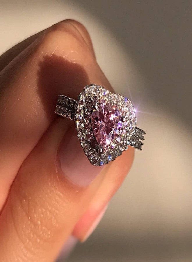 RKKOJJO 925 Sterling Silver Shiny Full Diamond Ring Cubic Zirconia Cocktail Rings CZ Diamond Ring Eternity Engagement Wedding Band Ring for Women Valentine's Day Gift Heart-Shaped Ring for Lovers (US Code 10) - Image 3