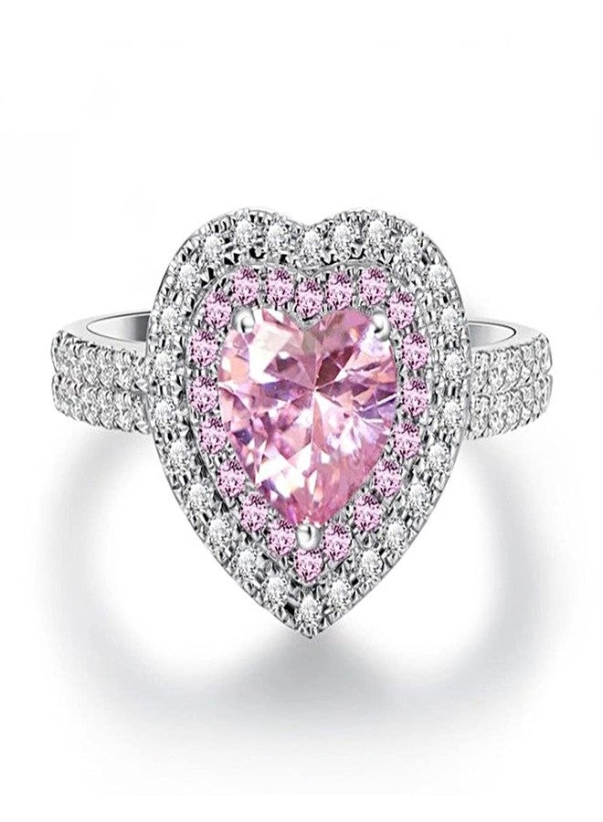 RKKOJJO 925 Sterling Silver Shiny Full Diamond Ring Cubic Zirconia Cocktail Rings CZ Diamond Ring Eternity Engagement Wedding Band Ring for Women Valentine's Day Gift Heart-Shaped Ring for Lovers (US Code 10) - Image 1