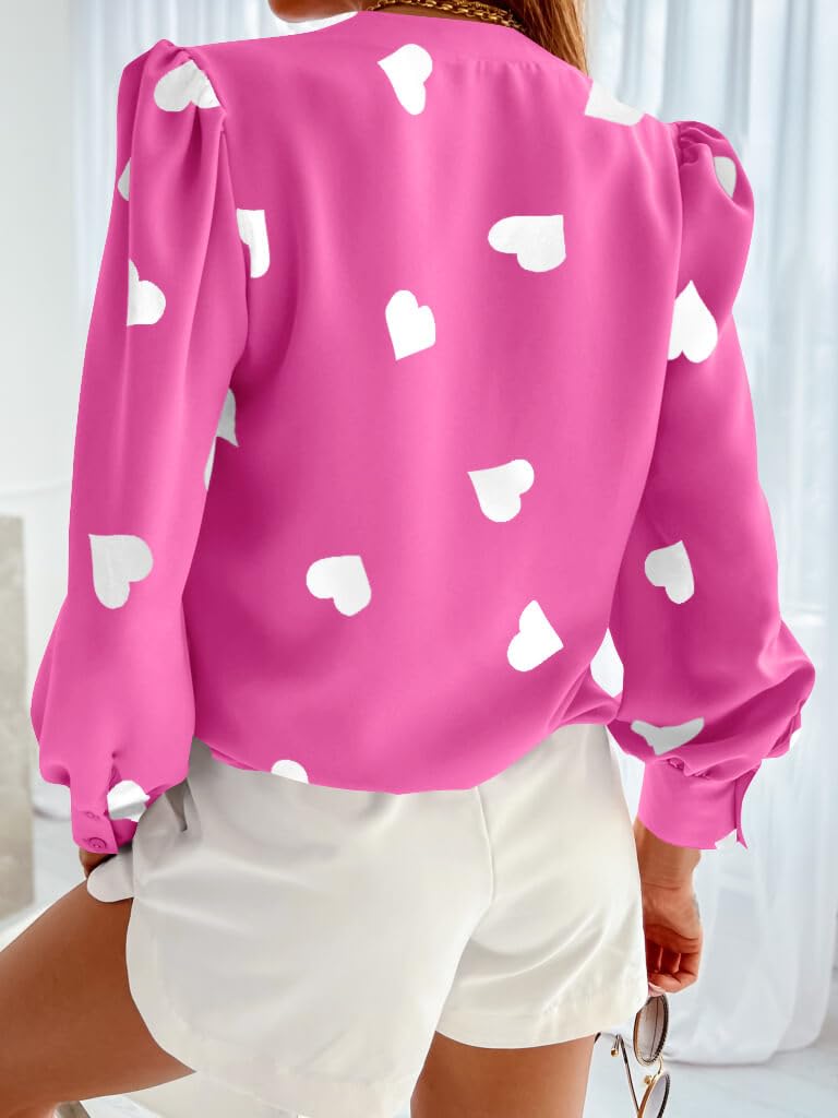 Flowyair Women's V Neck Shirts Button Down Long Sleeve Heart Print Casual Work Blouses - Image 2