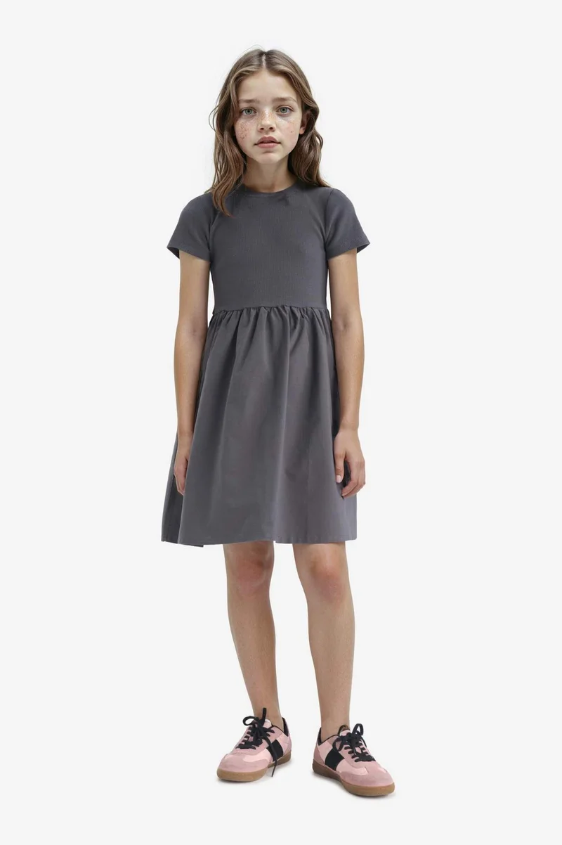 ديفاكتو Girl Crew Neck Corduroy Short Sleeve Dress