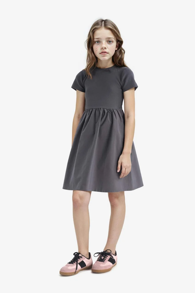 ديفاكتو Girl Crew Neck Corduroy Short Sleeve Dress