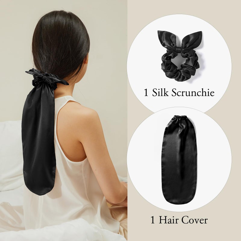 LILYSILK 100% Silk Bonnet for Sleeping & Daily Usage, 2-in-1 Silk Hair Ties with Silk Scrunchies for Long and Curly Hair Elastic Adjustable for Women Ladies and Girls Black - Image 3