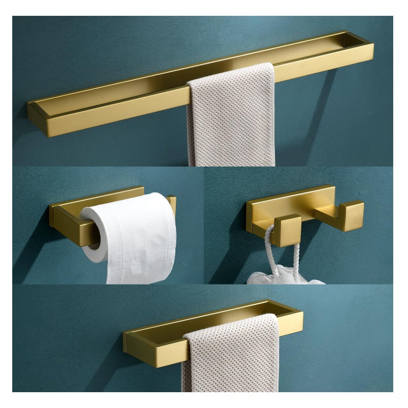 TNOMS 4-Piece Modern Gold Bathroom Hardware Accessories Set - Towel Bar & Holder, Stainless Steel, Wall Mounted, 23.6 Inch - Image 1
