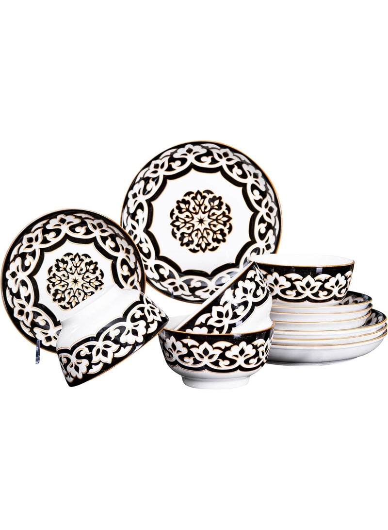 GOLD MANTIS 12-Piece Black and White Pattern Ceramic Dinnerware Set - Includes 4x 10.2-Inch Plates, 4x 8-Inch Plates, 4x 6-Inch Bowls | Microwave & Dishwasher Safe | Elegant Tableware for Stylish Dining - Image 1