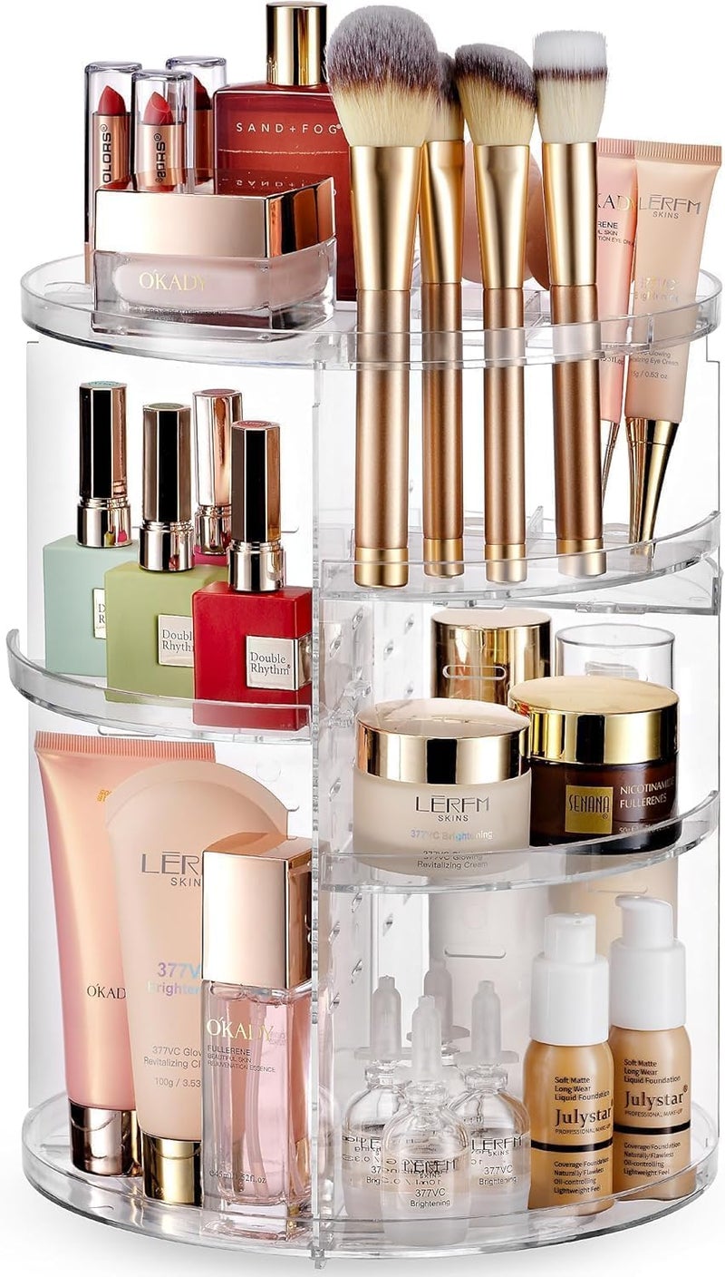 Masirs 360 Rotating Makeup Organizer - Adjustable Shelf Height and Fully Rotatable. The Perfect Cosmetic Organizer for Bedroom Dresser or Vanity Countertop. (Clear) - Image 1
