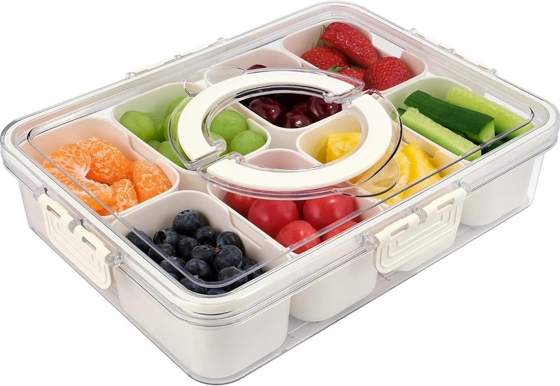 XBEY Divided Fridge Storage Boxes With 8 Serving Veggie Tray with Lid and Handle Snack Organizer for Adults Fruit, Veggie, Fridge Storage Kitchen Containers (8 Compartment Storage Box) - Image 1