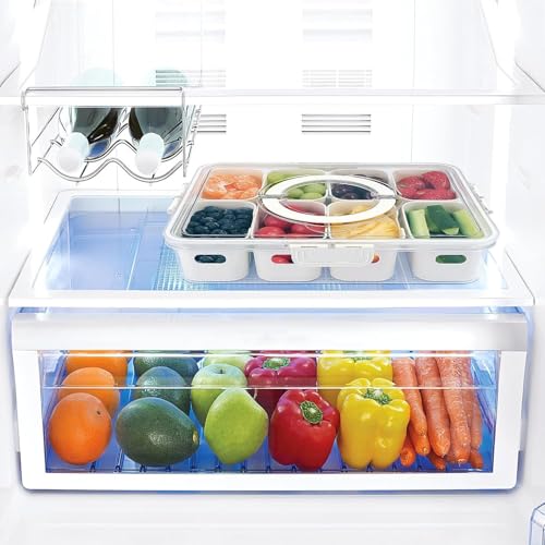 XBEY Divided Fridge Storage Boxes With 8 Serving Veggie Tray with Lid and Handle Snack Organizer for Adults Fruit, Veggie, Fridge Storage Kitchen Containers (8 Compartment Storage Box) - Image 4