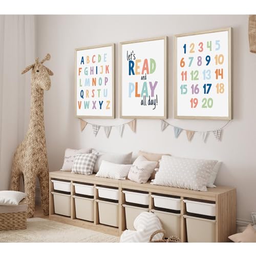 Pennclys Kids Playroom Wall Art Decor Alphabet Poster Play Room Canvas Wall Decor ABC Nursery Wall Art 123 Toddler Poster Let's Read for Boy Girl Room 12x16 Inch Wood Framed Set of 3 - Image 3