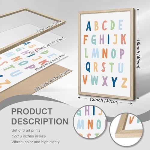 Pennclys Kids Playroom Wall Art Decor Alphabet Poster Play Room Canvas Wall Decor ABC Nursery Wall Art 123 Toddler Poster Let's Read for Boy Girl Room 12x16 Inch Wood Framed Set of 3 - Image 2