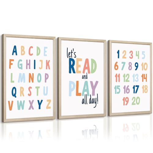 Pennclys Kids Playroom Wall Art Decor Alphabet Poster Play Room Canvas Wall Decor ABC Nursery Wall Art 123 Toddler Poster Let's Read for Boy Girl Room 12x16 Inch Wood Framed Set of 3 - Image 1