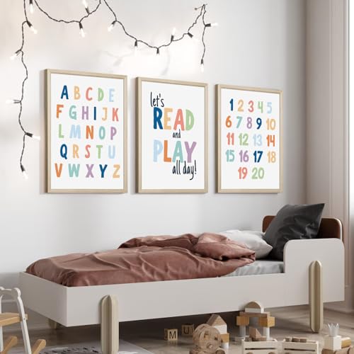 Pennclys Kids Playroom Wall Art Decor Alphabet Poster Play Room Canvas Wall Decor ABC Nursery Wall Art 123 Toddler Poster Let's Read for Boy Girl Room 12x16 Inch Wood Framed Set of 3 - Image 4