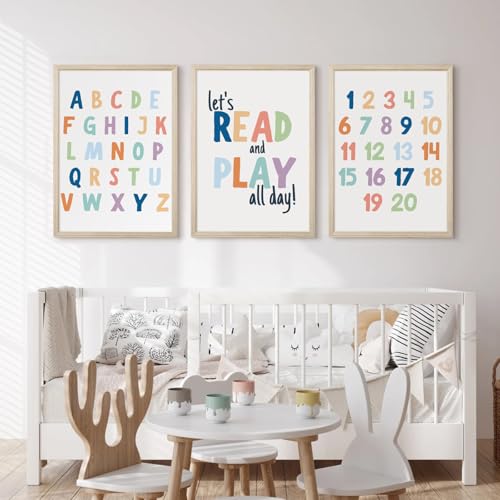 Pennclys Kids Playroom Wall Art Decor Alphabet Poster Play Room Canvas Wall Decor ABC Nursery Wall Art 123 Toddler Poster Let's Read for Boy Girl Room 12x16 Inch Wood Framed Set of 3 - Image 5