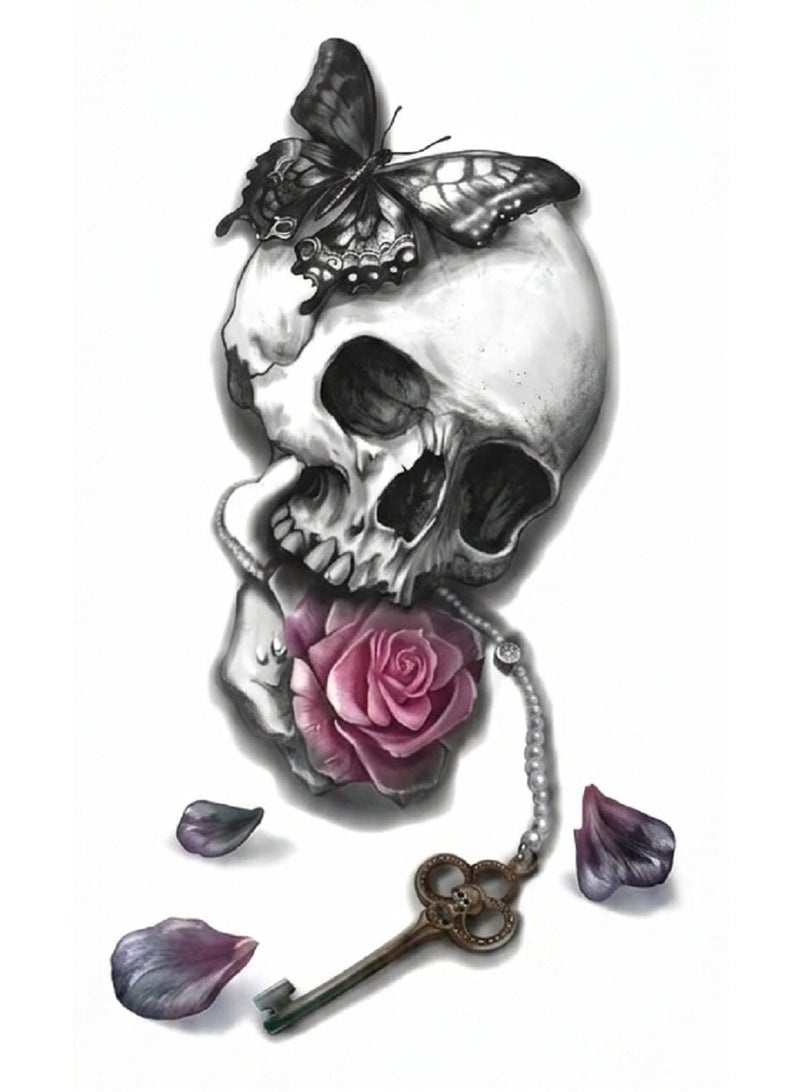 Temporary Tattoo with Skull, Butterfly, Pink Rose, and Antique Key Design