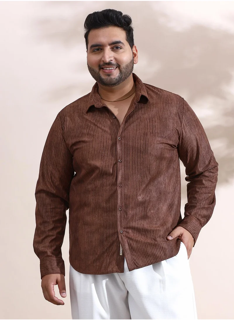انستافاب بلس Instafab Plus Men's Chocolate Brown Rhythm-Weave Shirt For Casual Wear | Spread Collar | Long Cuffed Sleeves | Button Closure | Plus Size Shirt Crafted With Comfort Fit For Everyday Wear