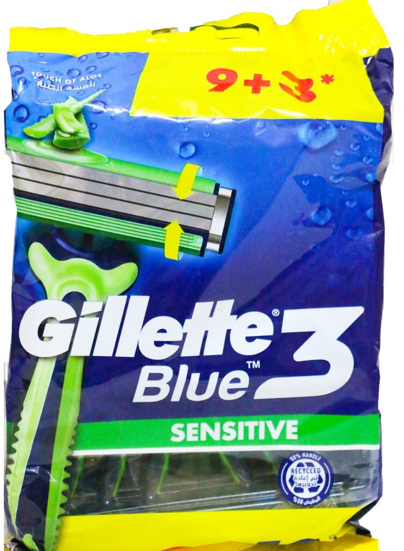 Gillette Blue 3 Sensitive Mens Disposable Razors 9+3 Razors