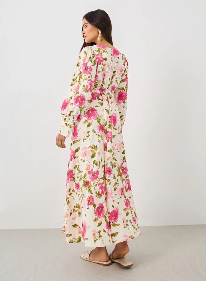 Take Two Take Two Floral Print Balloon Sleeve A-Line Midi Dress