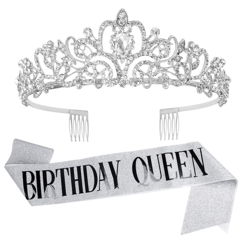 VELSCRUN Tiara for Women Silver Happy Birthday Queen Tiara Crown for Girls with Birthday Girl Sash Crowns for Women with Rhinestone - Image 2