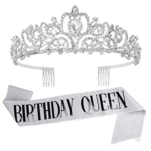 VELSCRUN Tiara for Women Silver Happy Birthday Queen Tiara Crown for Girls with Birthday Girl Sash Crowns for Women with Rhinestone - Image 1