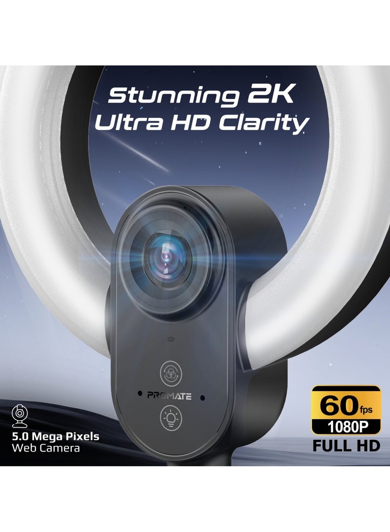 بروميت High-Precision 2K Ultra HD Webcam with Adjustable Ring Light, 90° Wide Angle Autofocus, Dual Omni-Directional Mics, and Universal Compatibility for Windows, macOS, and Linux, VistaCam Black - Image 2