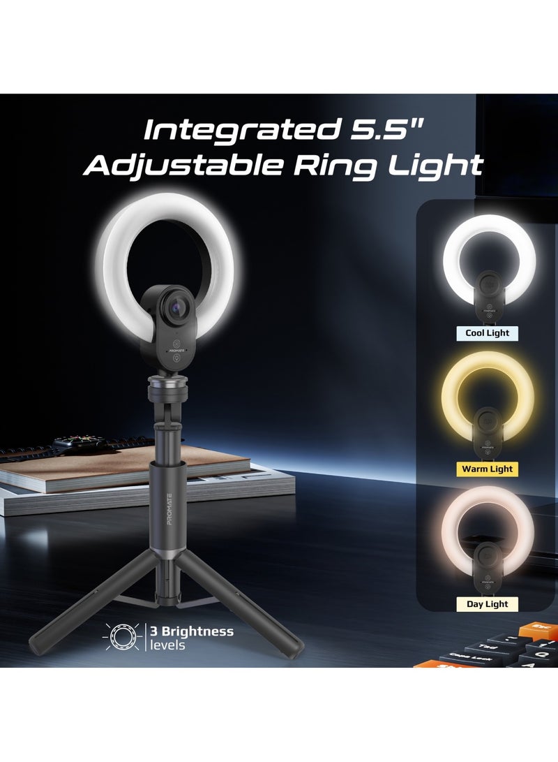 بروميت High-Precision 2K Ultra HD Webcam with Adjustable Ring Light, 90° Wide Angle Autofocus, Dual Omni-Directional Mics, and Universal Compatibility for Windows, macOS, and Linux, VistaCam Black - Image 3