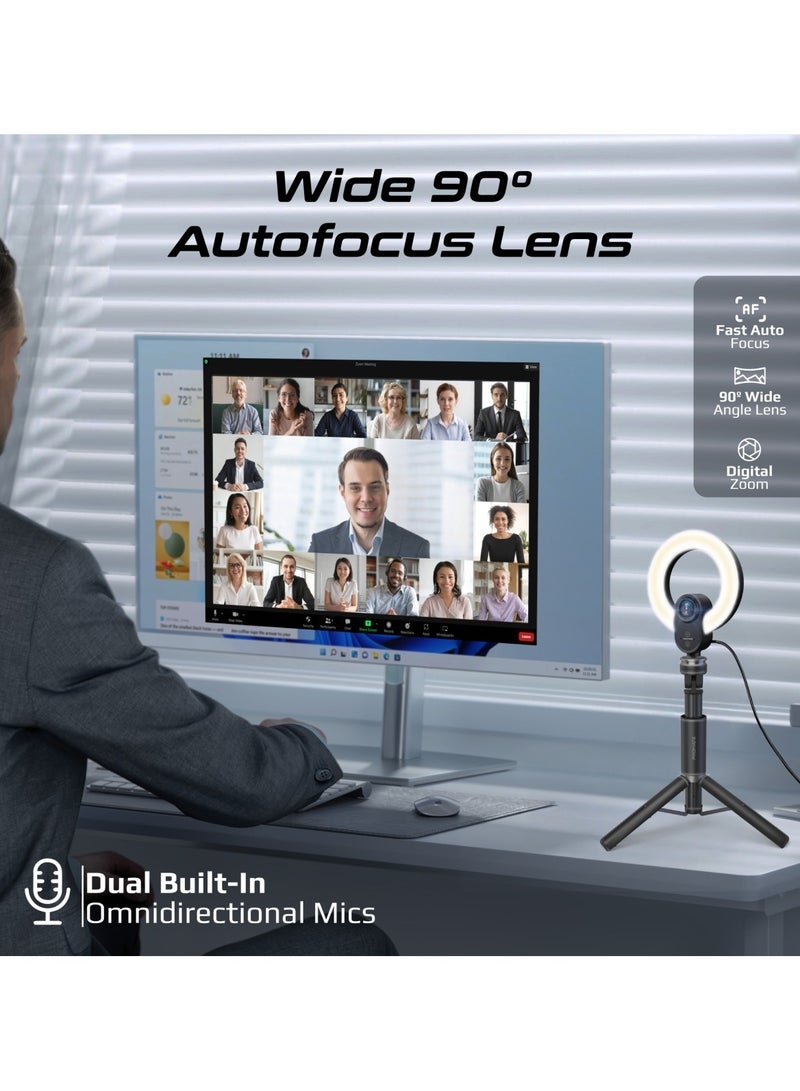 بروميت High-Precision 2K Ultra HD Webcam with Adjustable Ring Light, 90° Wide Angle Autofocus, Dual Omni-Directional Mics, and Universal Compatibility for Windows, macOS, and Linux, VistaCam Black - Image 4