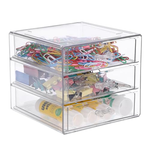 BTSKY Clear Acrylic Storage Organizer with Drawers, 3-Layer Desktop Organizer for Office Essentials, Multi-Purpose Stackable Container for Bathroom Vanity, Desk Makeup Jewelry Container Storage Box - Image 1