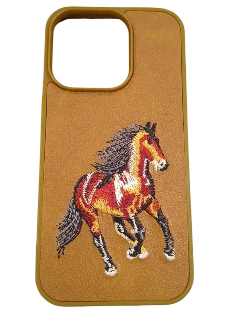 كيس جراب هاتف مضاد للصدمات بتصميم تطريز حصان لهاتف آيفون 14 برو ماكس باللون بني