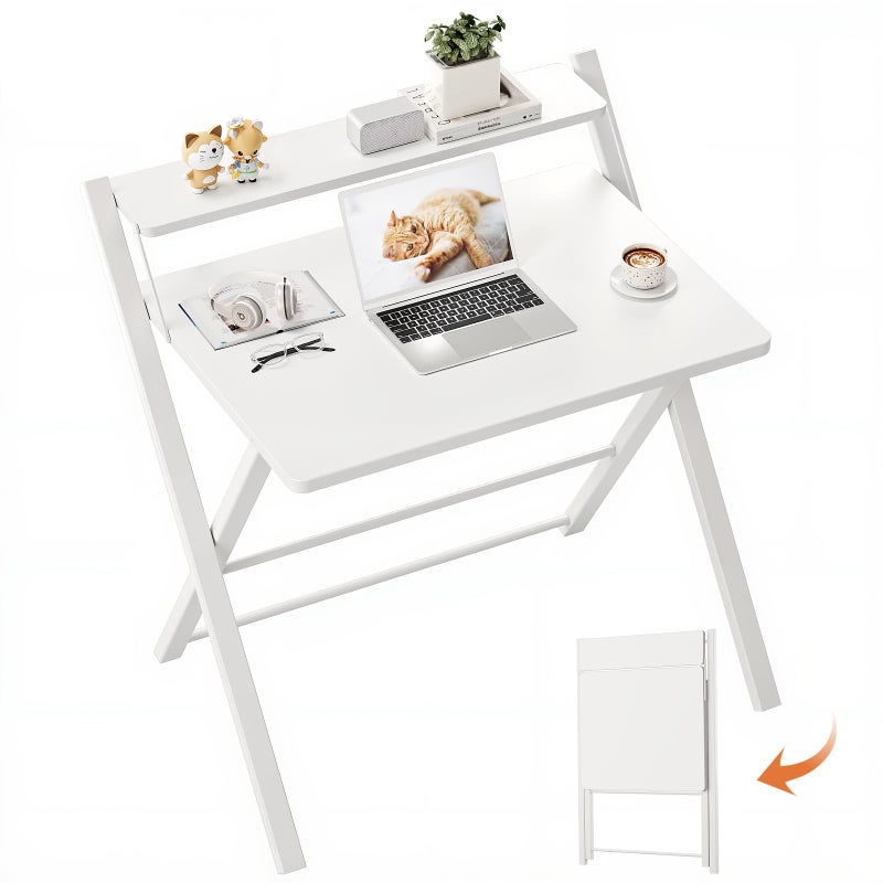 GreenForest No Assembly Folding Desk, 2-Tier Compact Computer Desk with Shelf, Space Saving Foldable Table for Home Office, Dorm or Apartment, Portable Collapsible Sturdy Laptop Desk, White - Image 1