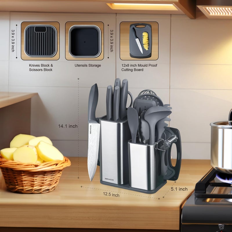 RAXCO Cooking Utensils Set,18-Piece Damascus Texture Knifes and Kitchen Gadgets,Integrated Storage,Grey - Image 2