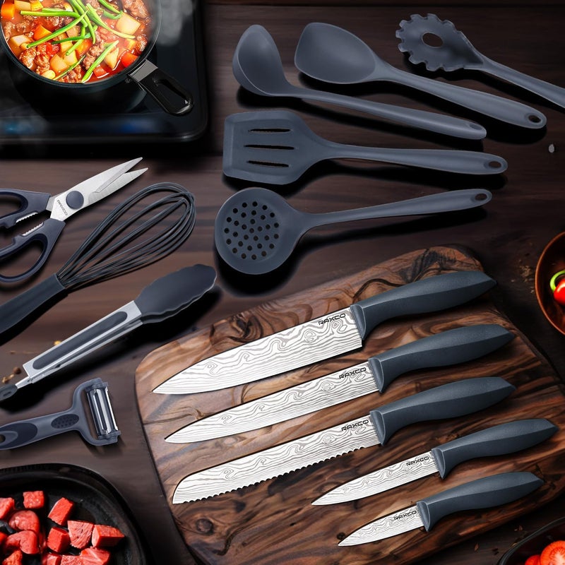 RAXCO Cooking Utensils Set,18-Piece Damascus Texture Knifes and Kitchen Gadgets,Integrated Storage,Grey - Image 4