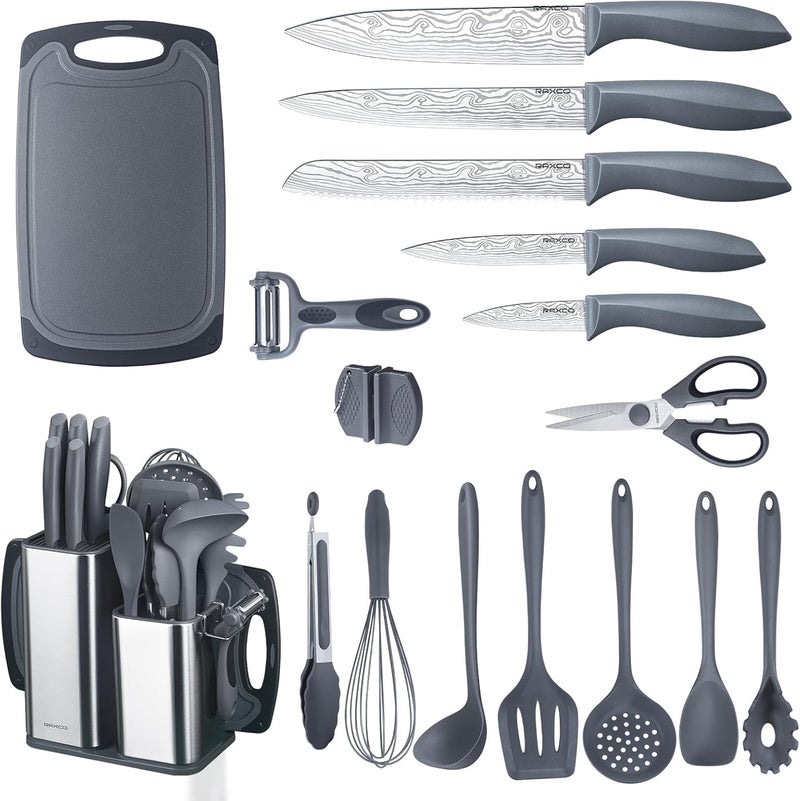 RAXCO Cooking Utensils Set,18-Piece Damascus Texture Knifes and Kitchen Gadgets,Integrated Storage,Grey - Image 1