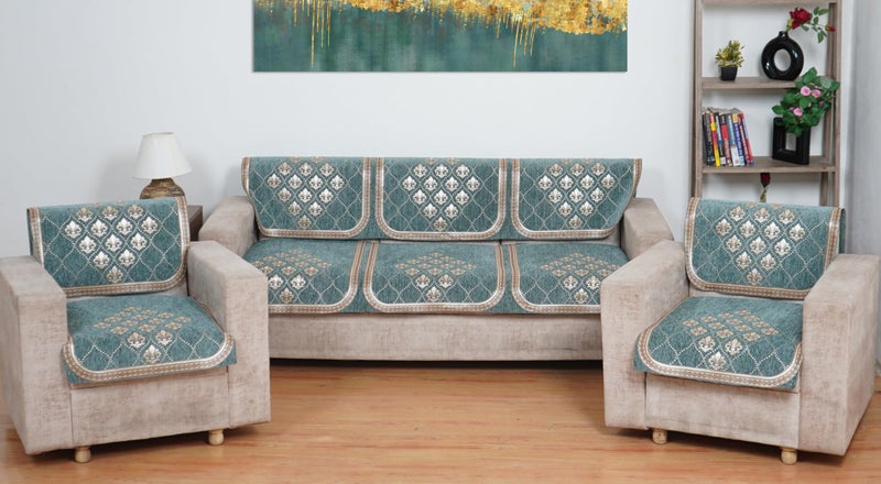 MORADO Chenille 5 Seater Sofa Set Slipcover | Soft & Durable Sofa Cover for Living Room, Drawing Room & Office | Elegant Protective Furniture Cover - Sea Green - Image 1